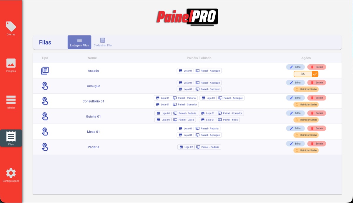 Control Web com listagem de filas digitais e setores de atendimento