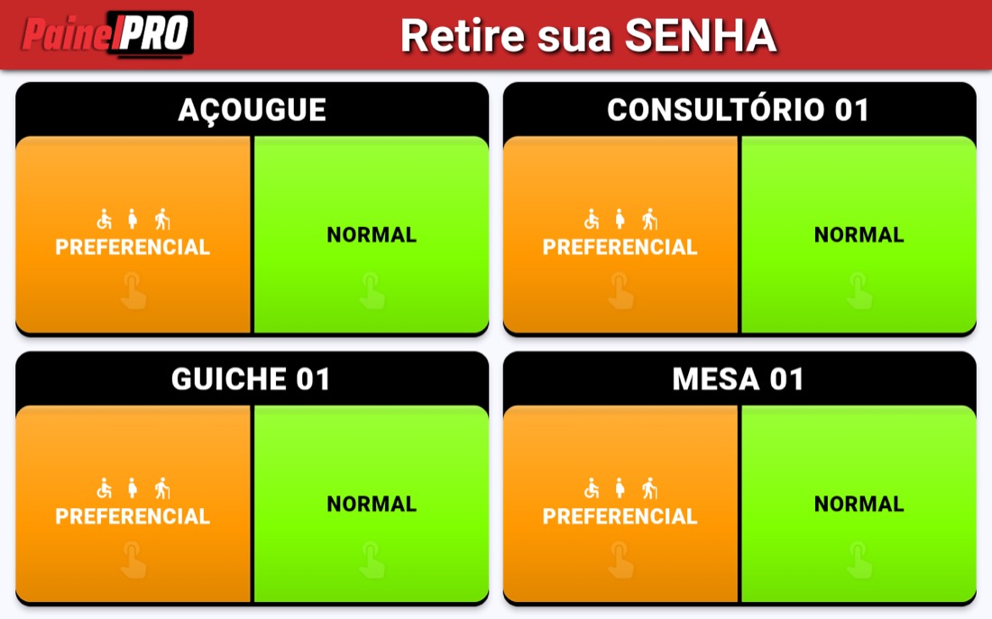 Tela do Dispenser do PainelPRO para emissão de senhas por setor